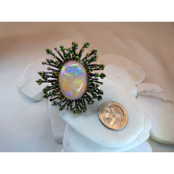 Stunning Huge 13 CT Natural Ethiopian Opal Chrome Diopside Sterling Silver Ring - Picture 7 of 9